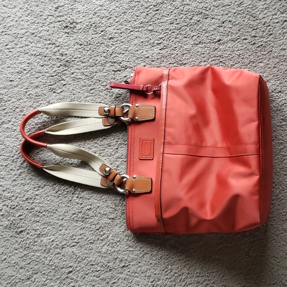 Coach Hamptons Orangish Red Satin Nylon Shoulder Tote Handbag